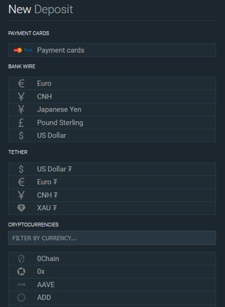 Способы оплаты Bitfinex